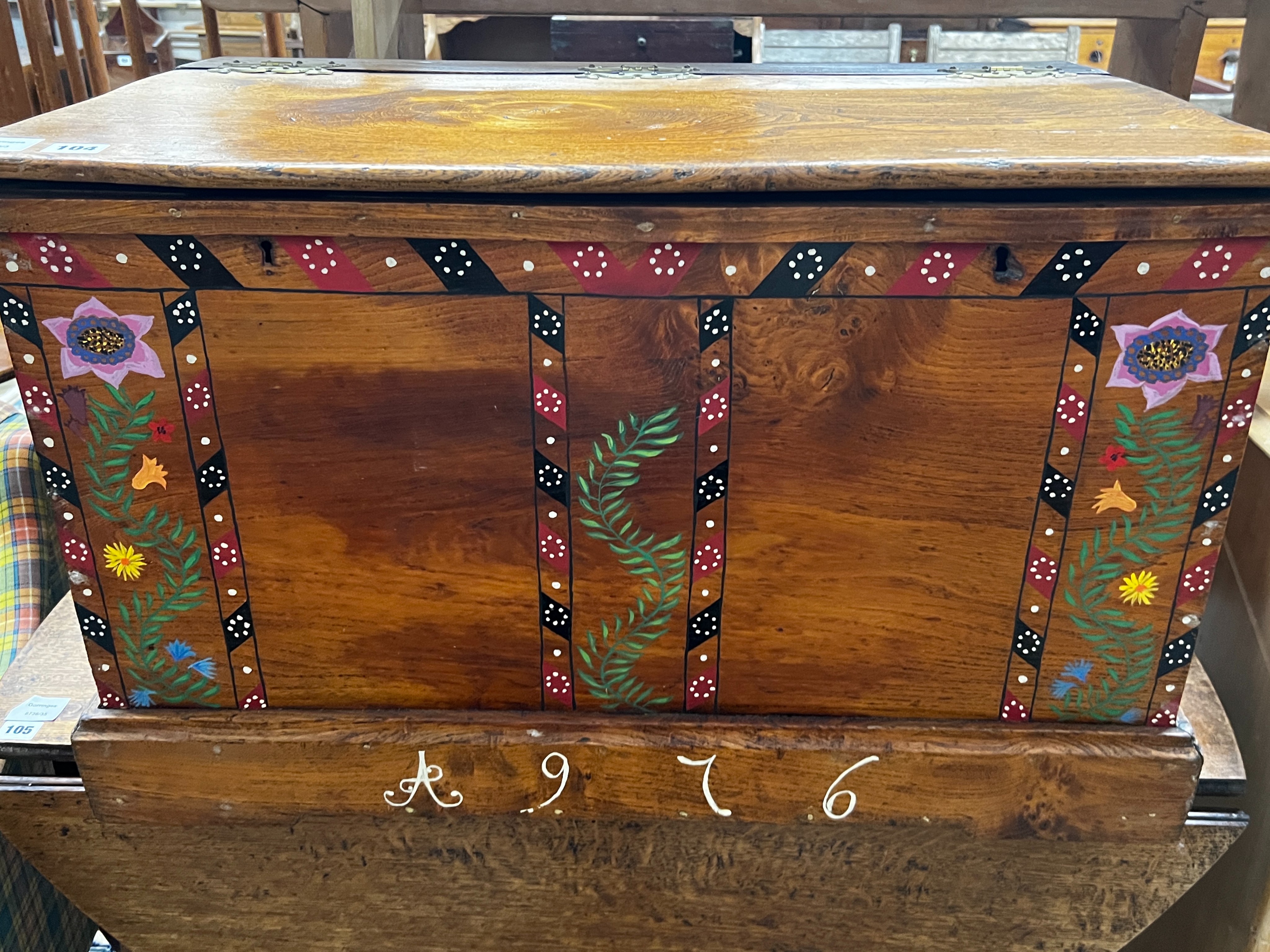 A 19th century later painted elm trunk, length 78cm, width 50cm, height 49cm